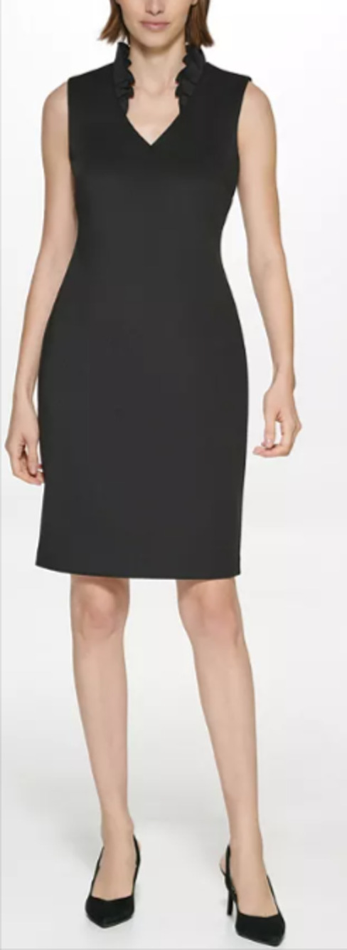 Calvin Klein Women's Black Ruffle Neck Sheath Dress Size 8
